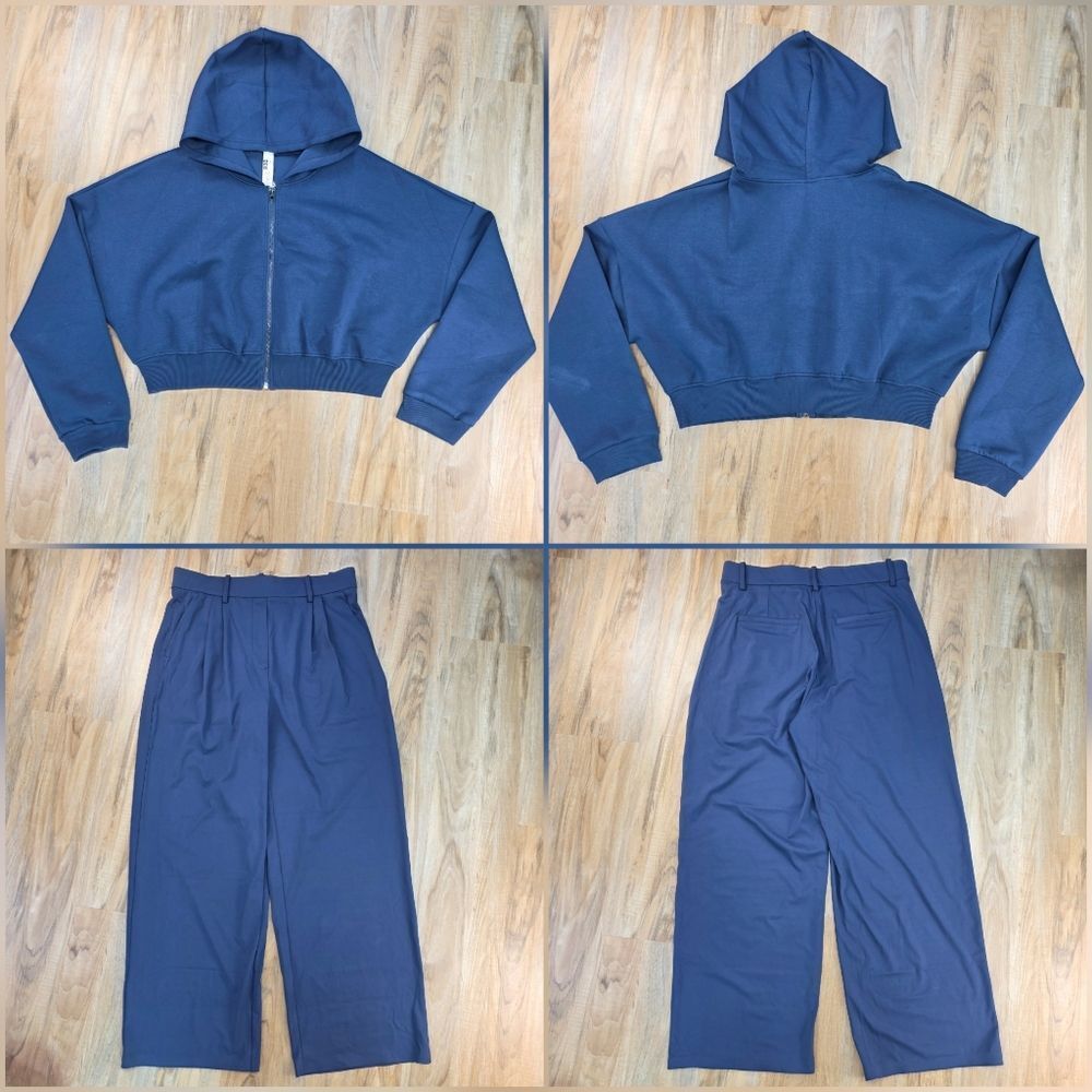 💬🩵🅰️NWT Blue Zipper Crop Hoodie & Wide Leg Pants Large - Picture 3 of 15